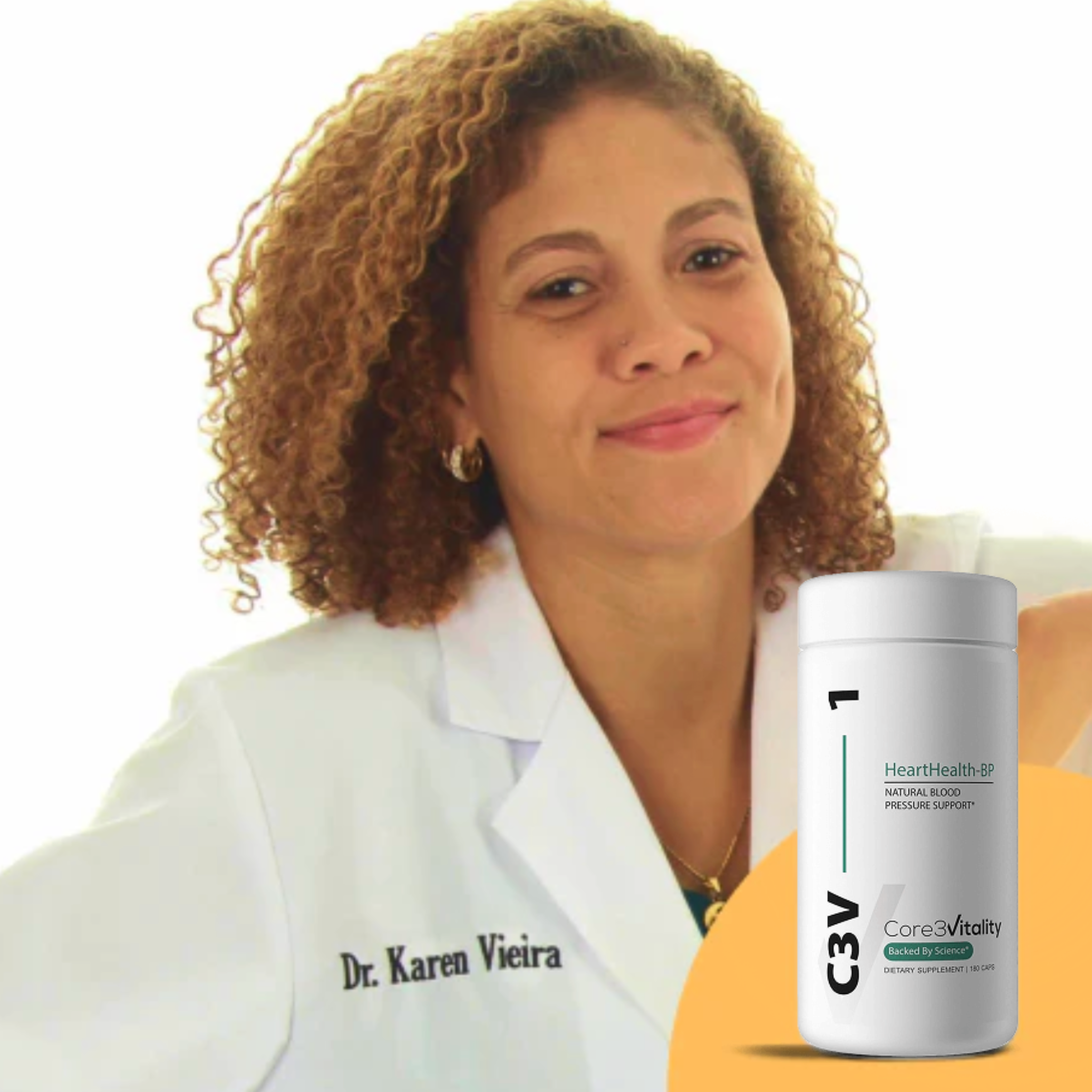 Dr Karen Vieira and bottle of HeartHealth- BP